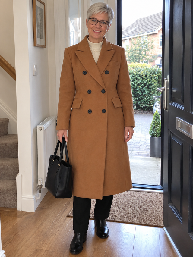 Woman in a brown double-breasted coat at her front door