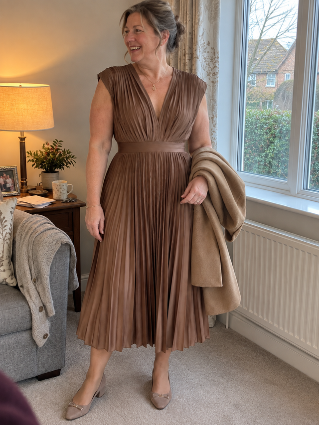 Woman in a brown pleated midi dress in her front room before a winter wedding