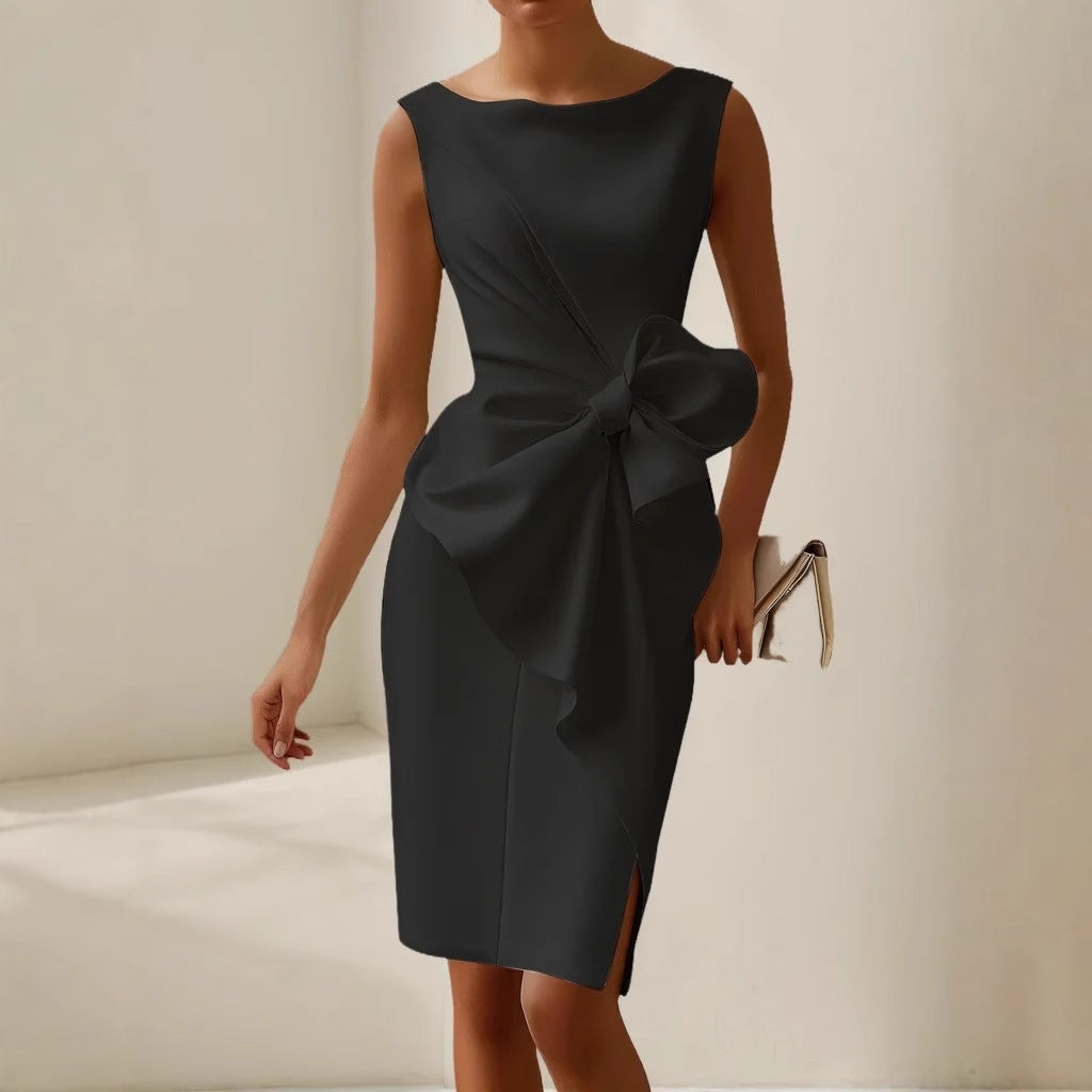 Isabella | Sleeveless Draped Cocktail Dress Tailored Fit Oversized Bow