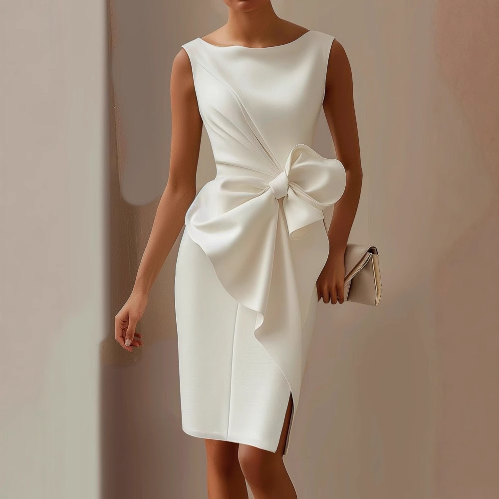 Isabella | Sleeveless Draped Cocktail Dress Tailored Fit Oversized Bow