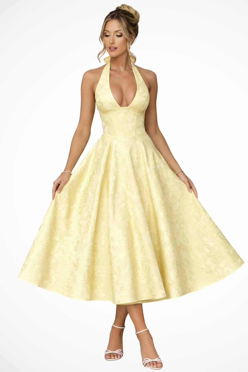 Women's Midi Dress – Floral Jacquard Halter Neck Formal | Amelia 3