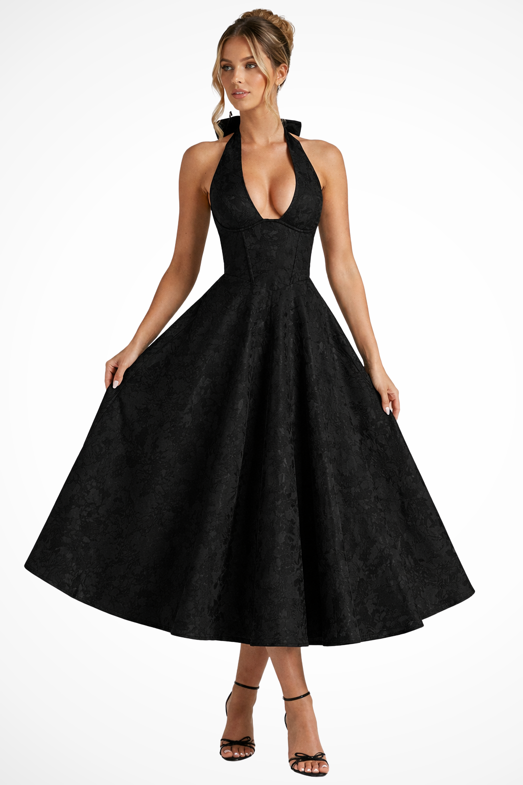 Women's Midi Dress – Floral Jacquard Halter Neck Formal | Amelia 8