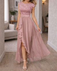 Elara | High-Low Maxi Dress Evening Lace Bodice Chiffon Skirt