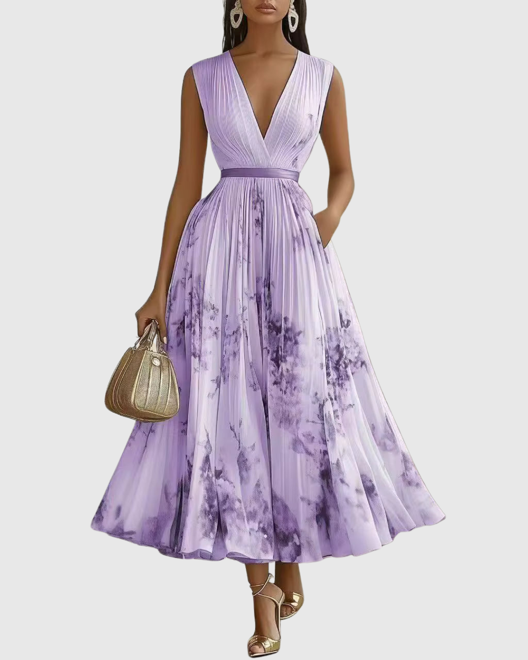 Women's Midi Dress – Lightweight Pleated V-Neck Formal | Amelia 11