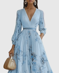 Beatrix | Pleated V-Neck Tailored Fit Midi Dress Lightweight