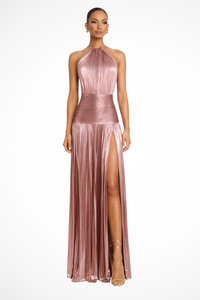 Sienna | Halter Neck Pleated Formal Evening Lamé Maxi Dress