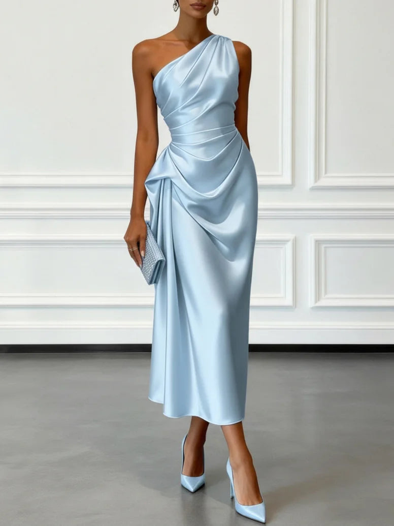 Isla | One-Shoulder Ruched Wedding Guest Sheath Midi Dress
