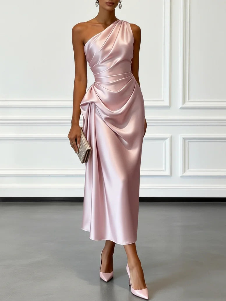 Isla | One-Shoulder Ruched Wedding Guest Sheath Midi Dress