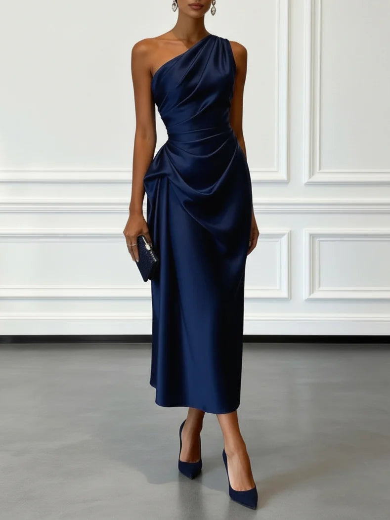 Isla | One-Shoulder Ruched Wedding Guest Sheath Midi Dress
