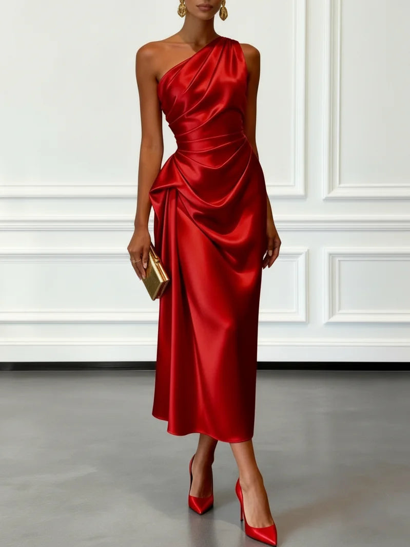 Isla | One-Shoulder Ruched Wedding Guest Sheath Midi Dress