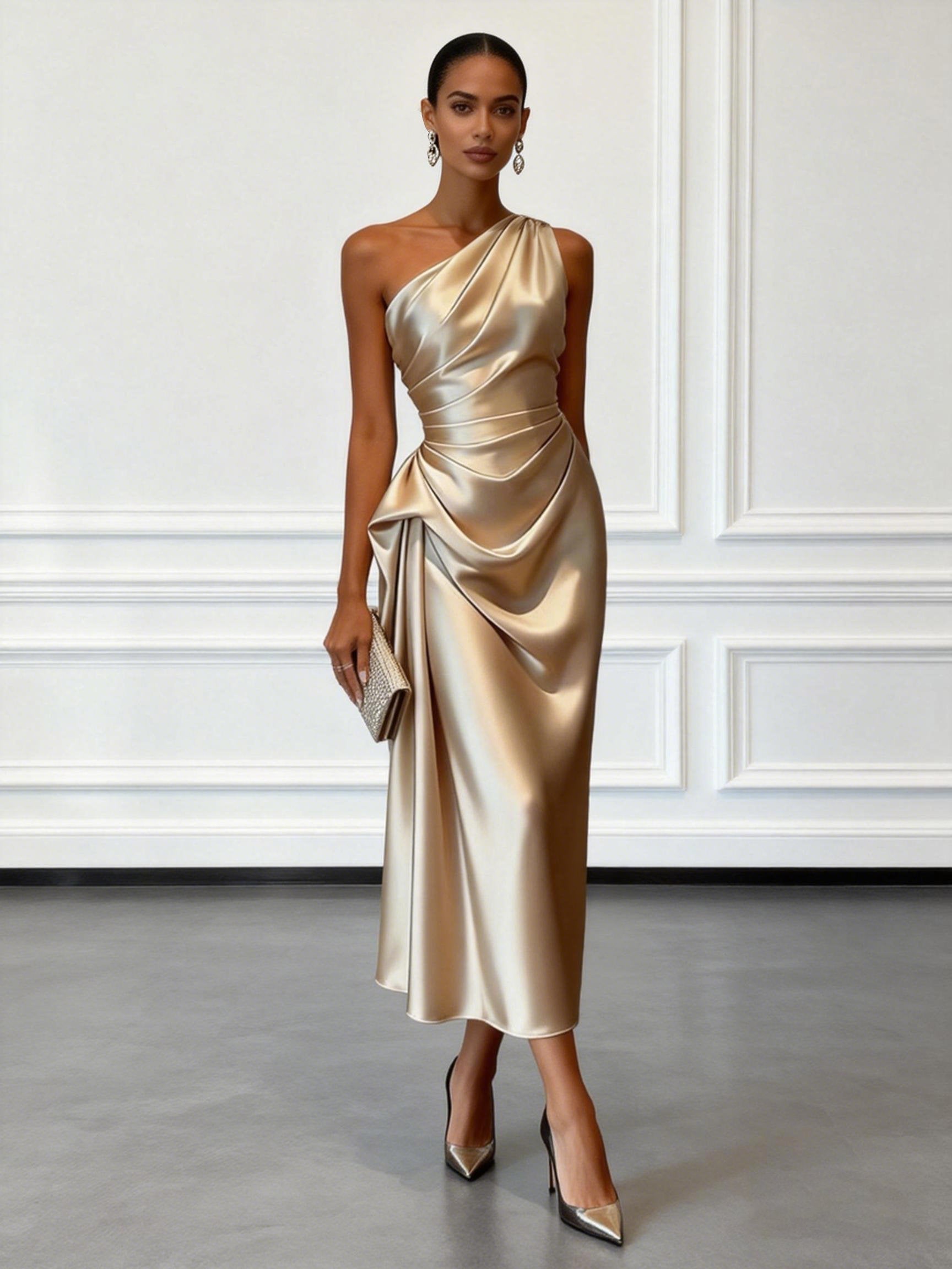 Isla | One-Shoulder Ruched Wedding Guest Sheath Midi Dress