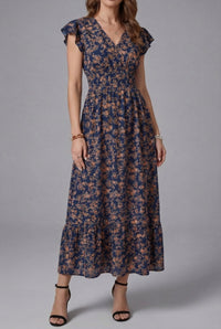 Harper | V-Neck Smocked Bodice Maxi Dress Tiered Hem Flutter Sleeves