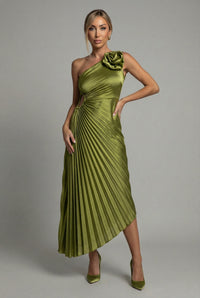 Elara | One-Shoulder Pleated Evening Dress Satin Midi