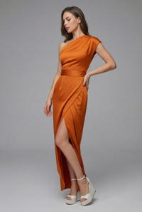 Daphne | Asymmetric Thigh-Slit Formal Evening Satin Maxi Dress