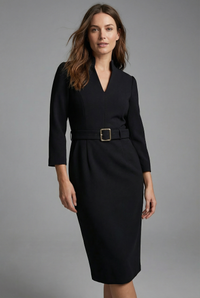 Harper | Tailored Fit Belted Workwear Midi Sheath Dress Crepe