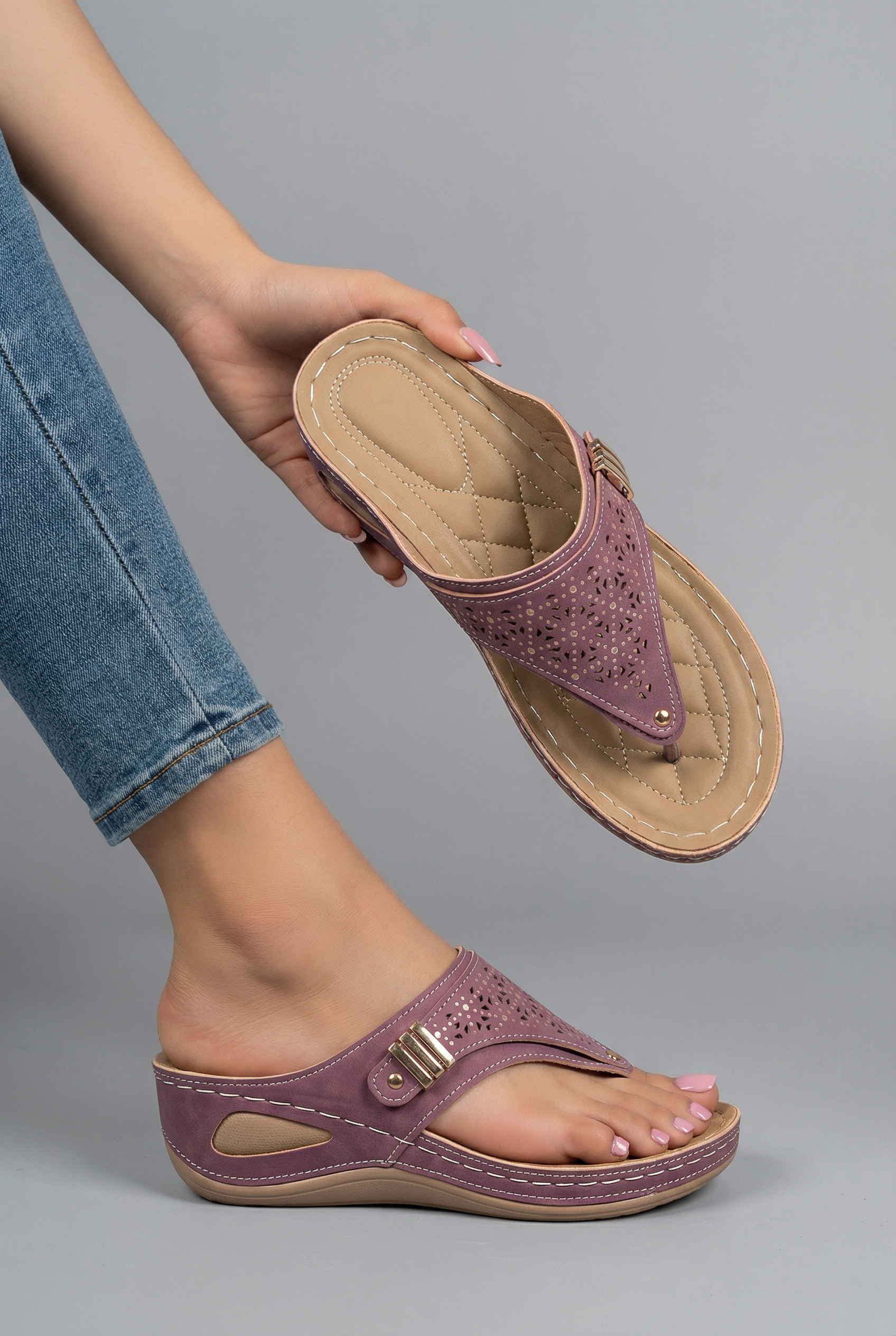 Women's Wedge Sandals – Faux Leather Perforated Thong Summer | Amelia 3