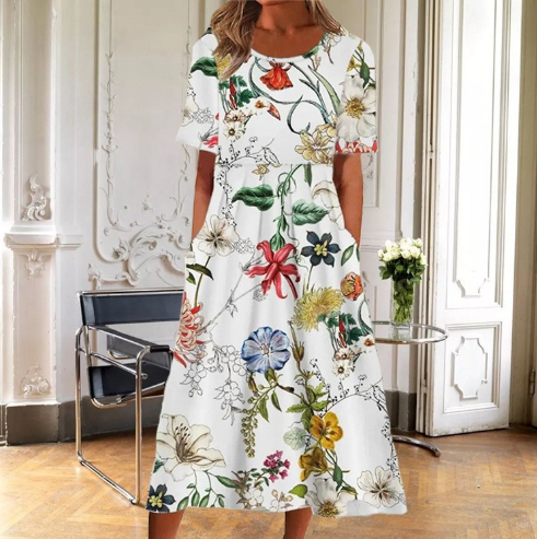 Lily | Floral Midi Daywear Flared Fit Dress Short Sleeve