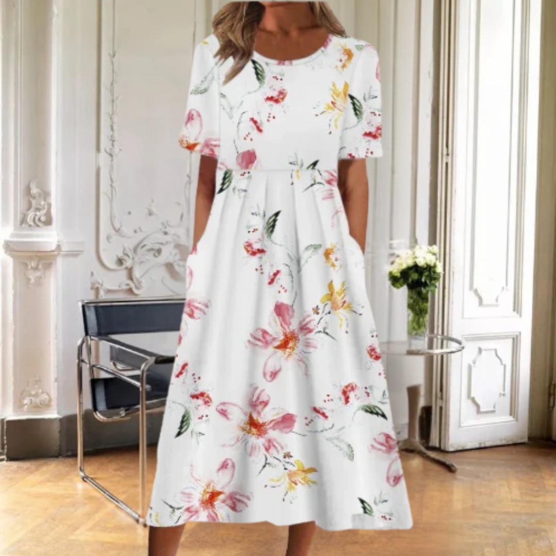 Lily | Floral Midi Daywear Flared Fit Dress Short Sleeve