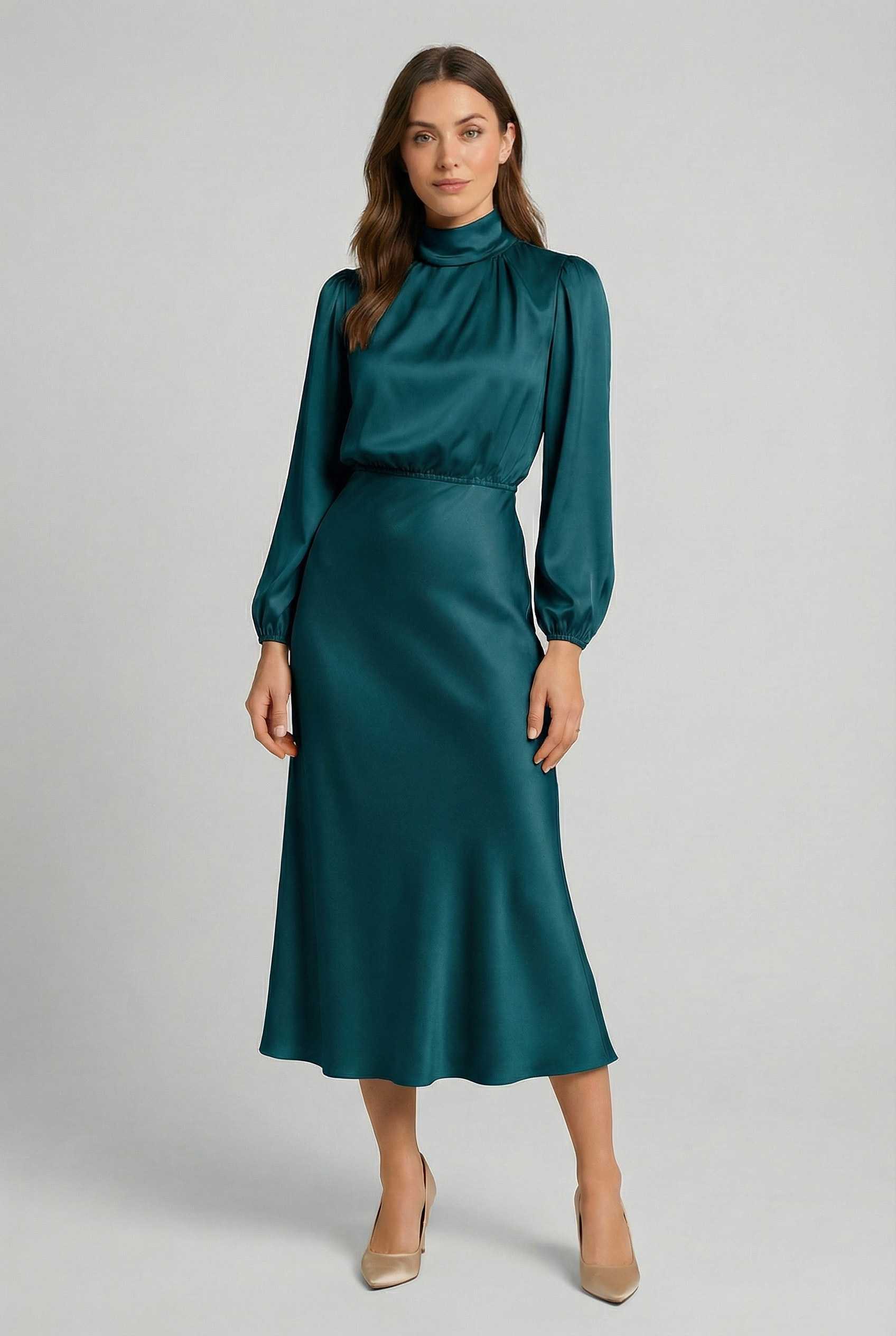 Women's Midi Dress – Silk Satin Mock Neck Formal | Amelia 4