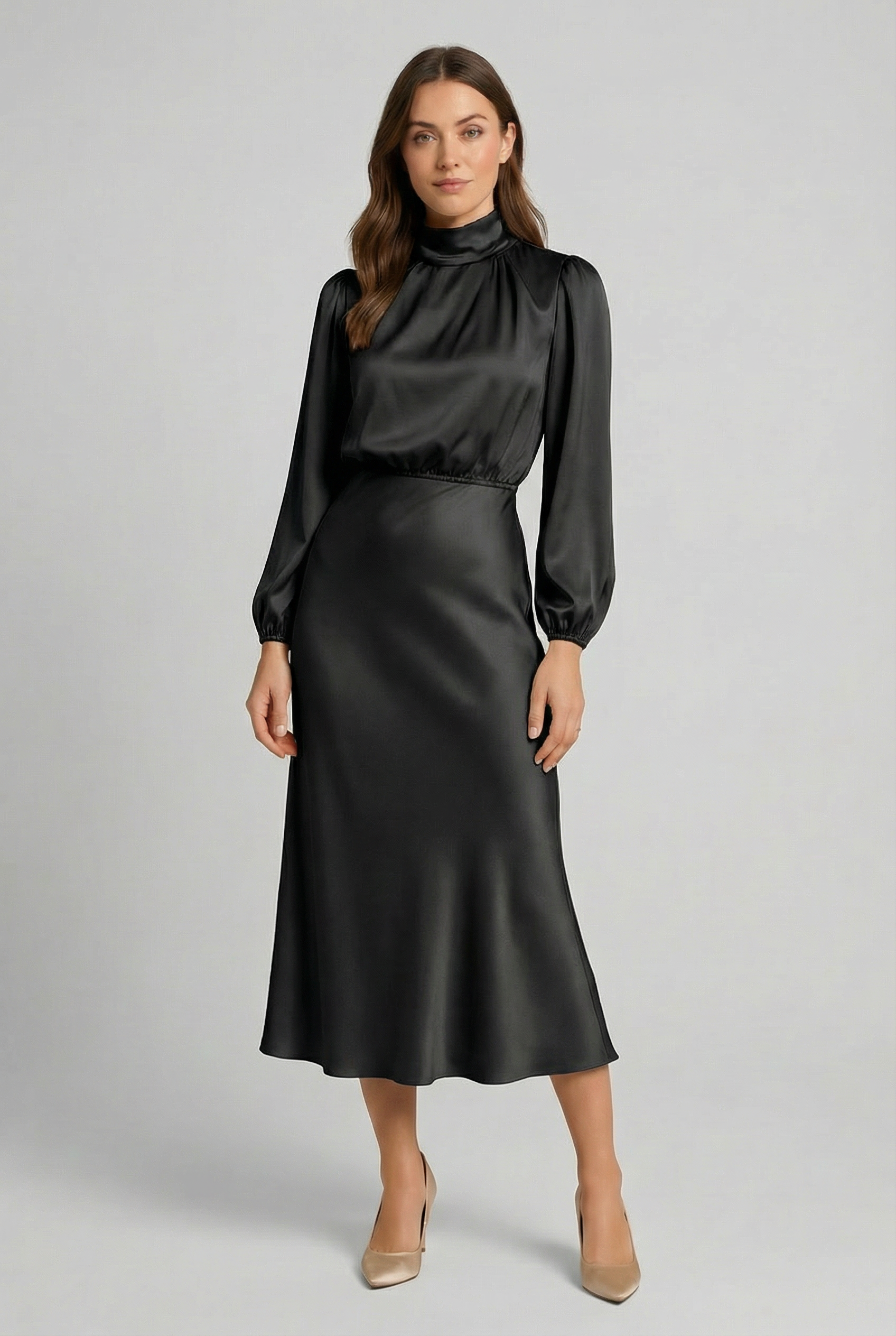 Women's Midi Dress – Silk Satin Mock Neck Formal | Amelia 5