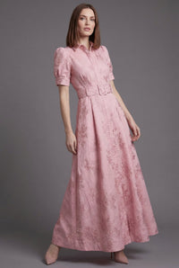 Sophie | Puff Sleeve Evening Dress Floral Jacquard Maxi