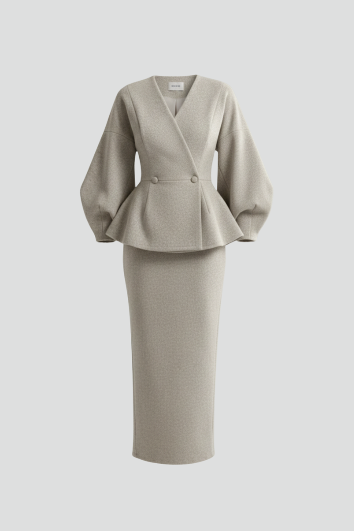 Sophie | Puff Sleeve V-Neck Tailored Maxi Skirt Suit Set