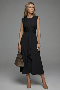 Elara | Cinched Waist A-Line Midi Dress Crepe Fabric