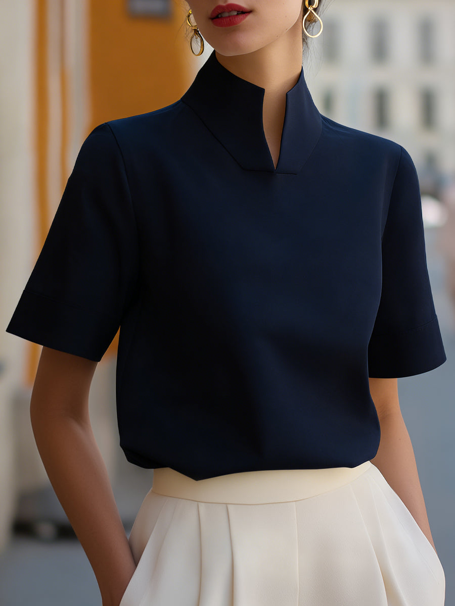 Isla | Tailored Stand Collar Workwear Fitted Blouse Short Sleeve