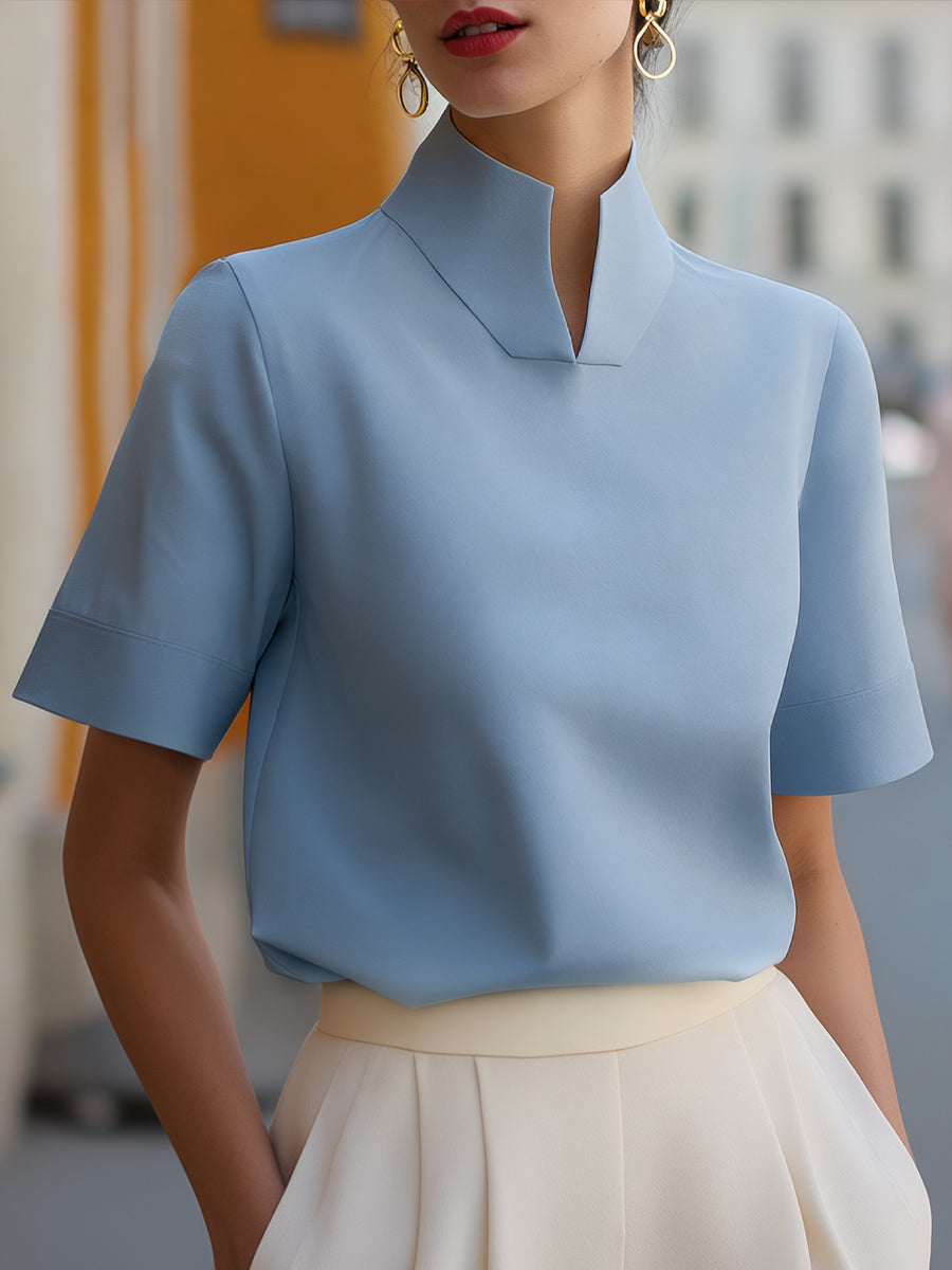 Isla | Tailored Stand Collar Workwear Fitted Blouse Short Sleeve