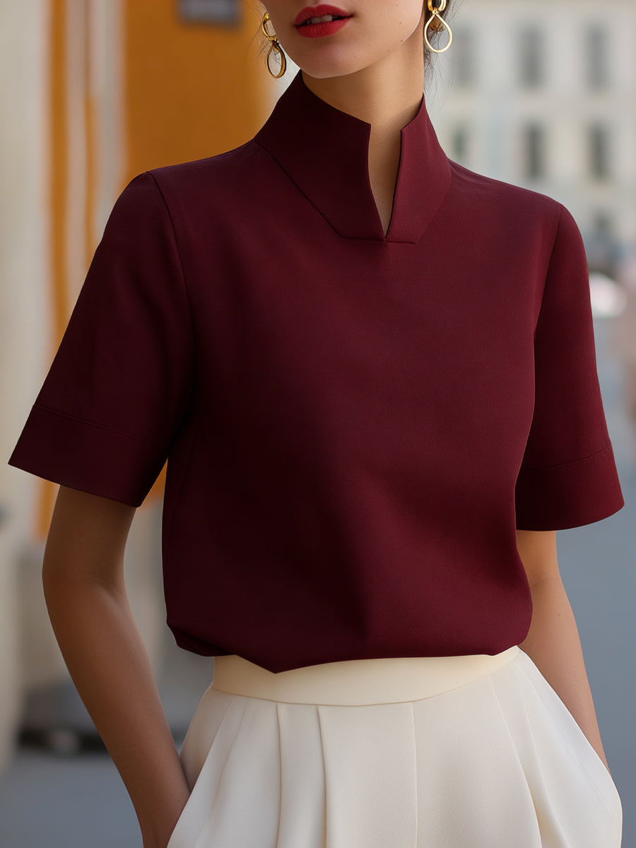 Isla | Tailored Stand Collar Workwear Fitted Blouse Short Sleeve
