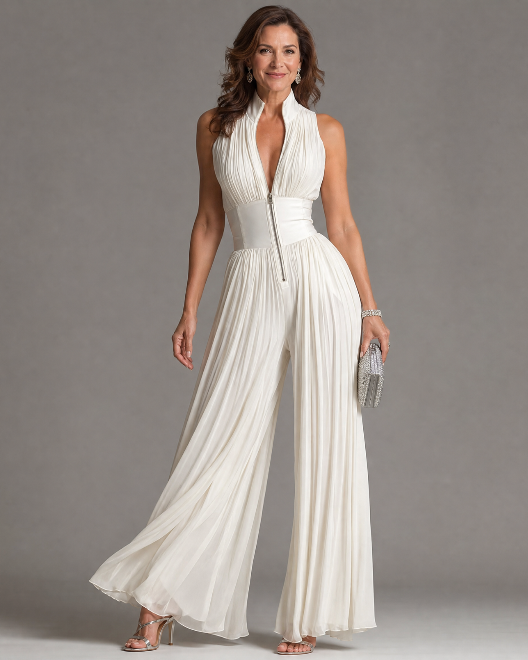 Maya | Pleated Halter Neck Evening Wide Leg Jumpsuit