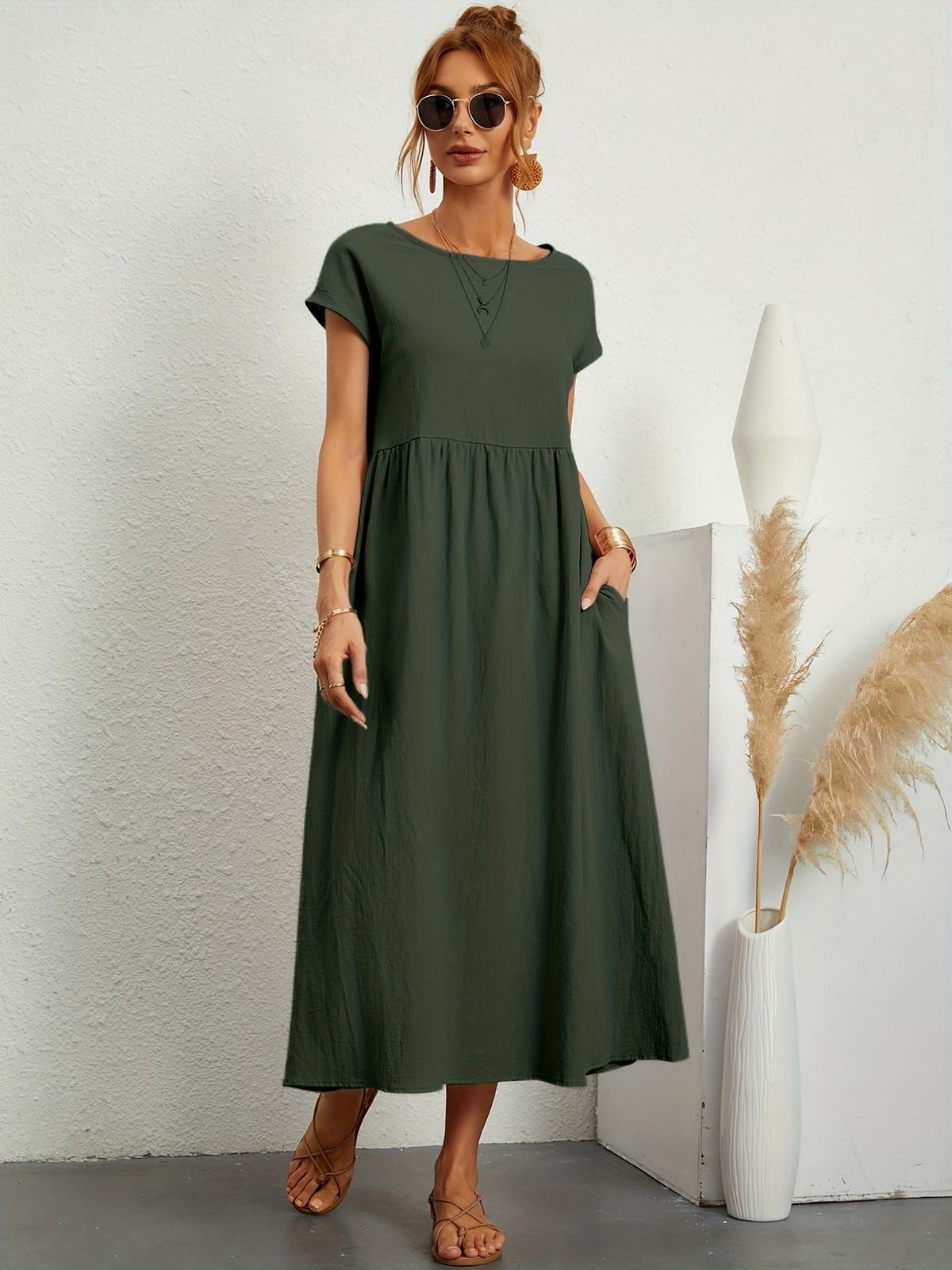 Gathered Empire Waist Casual Midi Dress in Dark Green