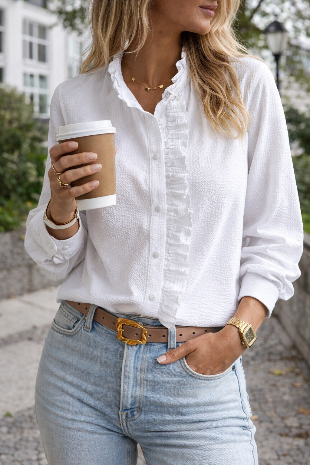 Women's Ruffle-Trim Casual Shirt in White