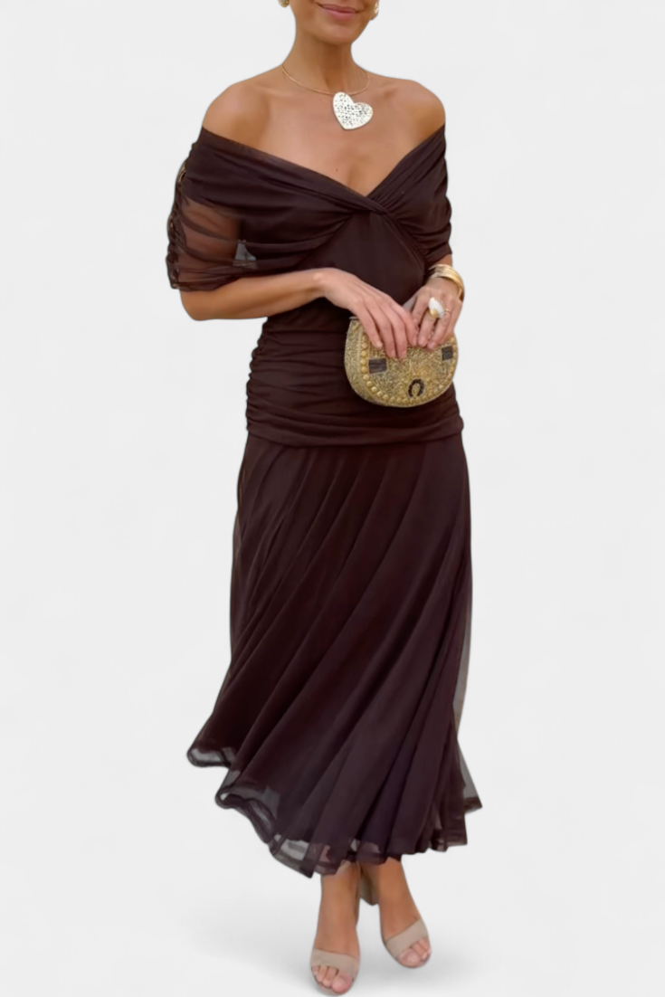 Off-Shoulder Wedding Guest Maxi Dress in Brown