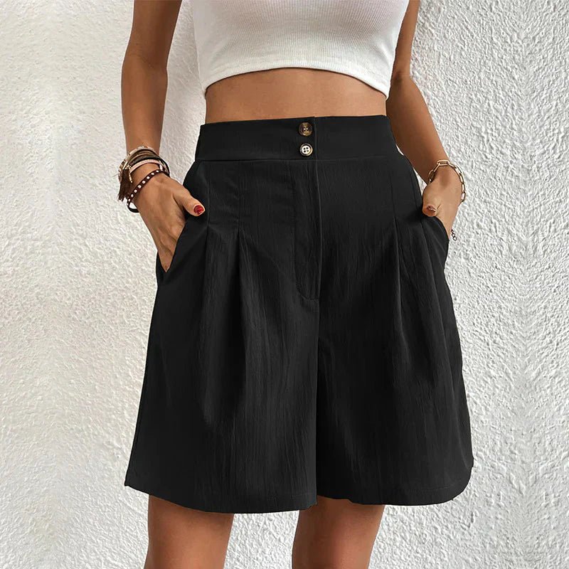 Women's High-Waist Pleated Casual Shorts in Black