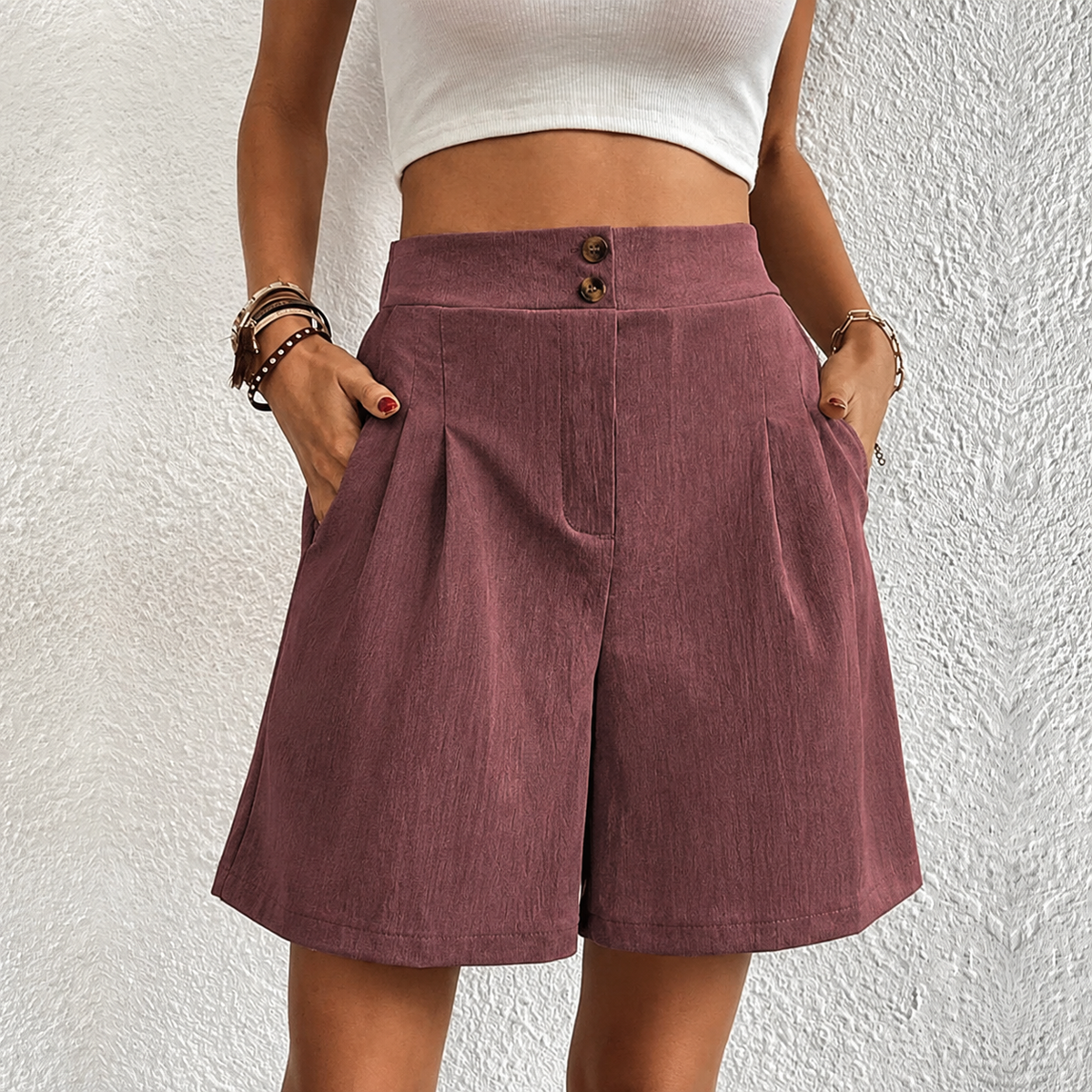 Women's High-Waist Pleated Casual Shorts in Dusty Rose