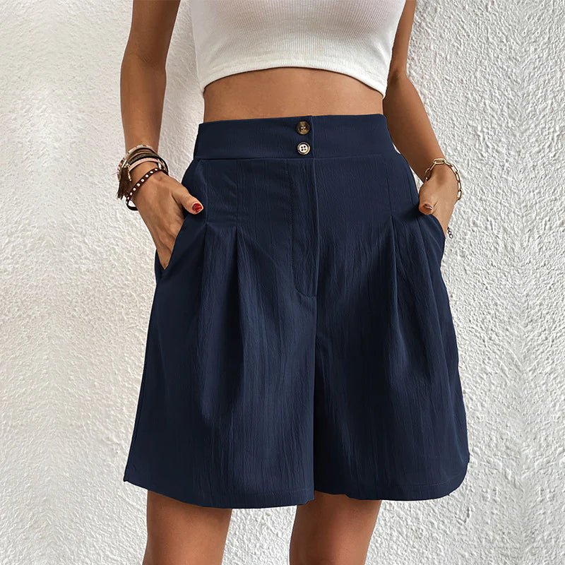 Women's High-Waist Pleated Casual Shorts in Navy