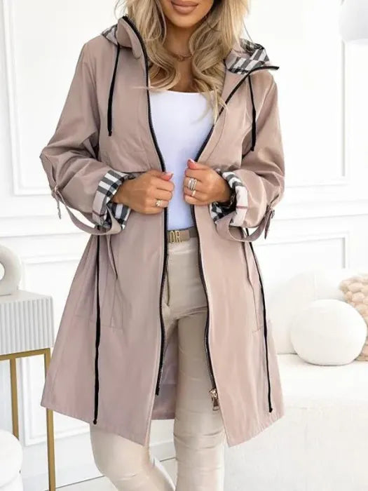Women's Hooded Drawstring-Waist Casual Coat in Beige