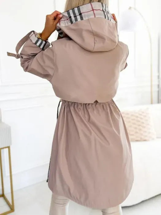 Women's Hooded Drawstring-Waist Casual Coat in Beige