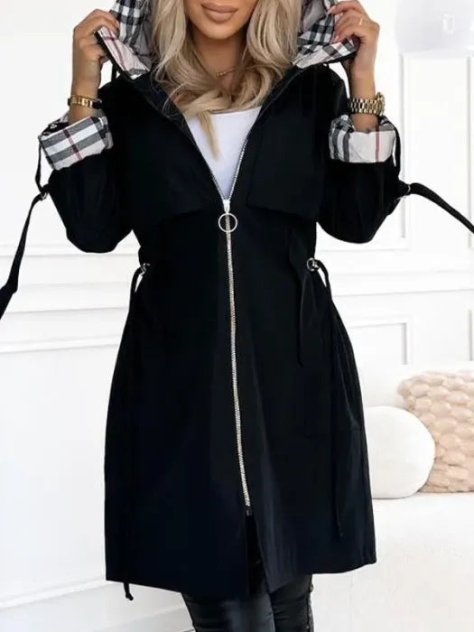 Women's Hooded Drawstring-Waist Casual Coat in Black