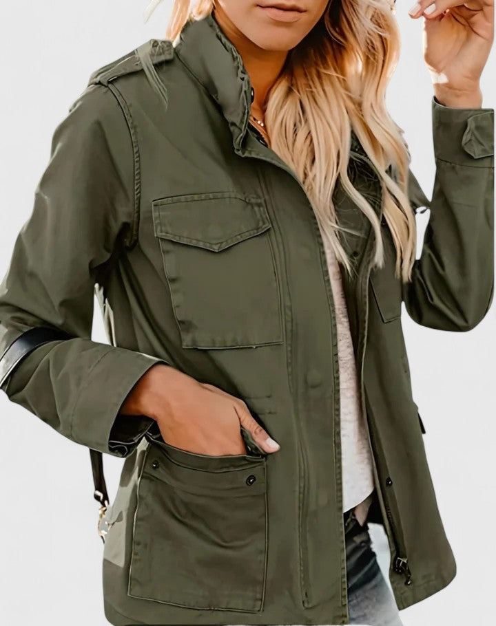 Women's Stand-Collar Utility Casual Jacket in Olive
