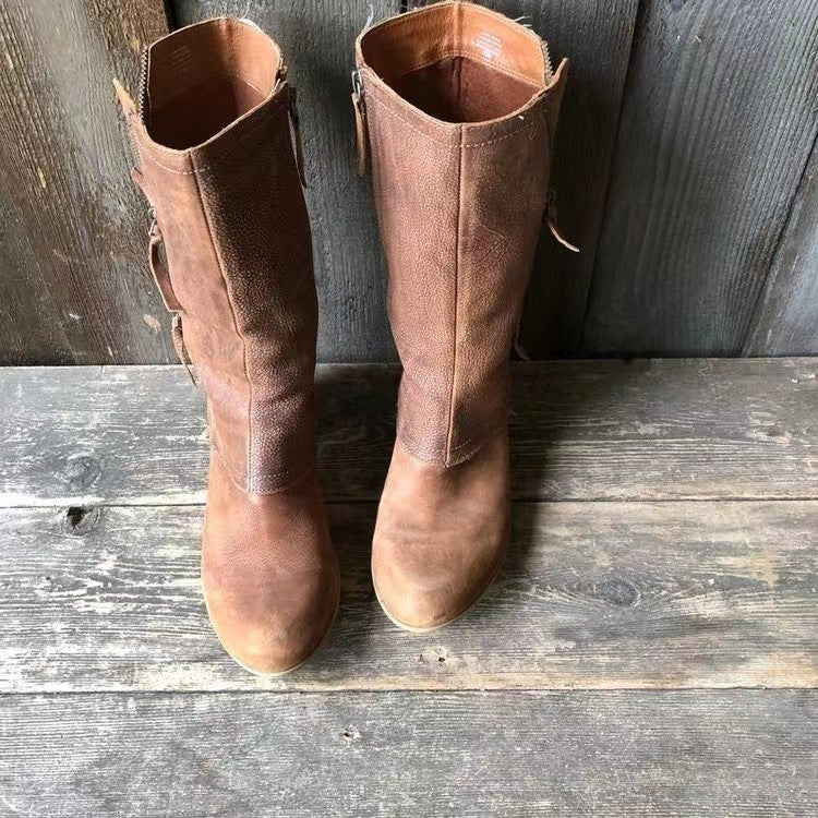 Women's Side-Zip Fold-Over Casual Boots in Light Brown