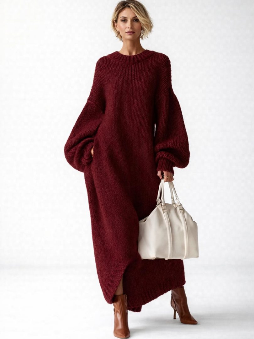 Balloon-Sleeve Knit Casual Maxi Dress in Burgundy
