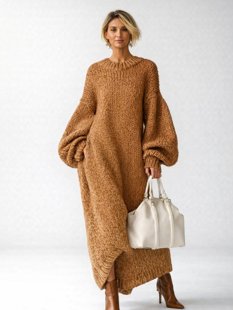 Balloon-Sleeve Knit Casual Maxi Dress in Camel