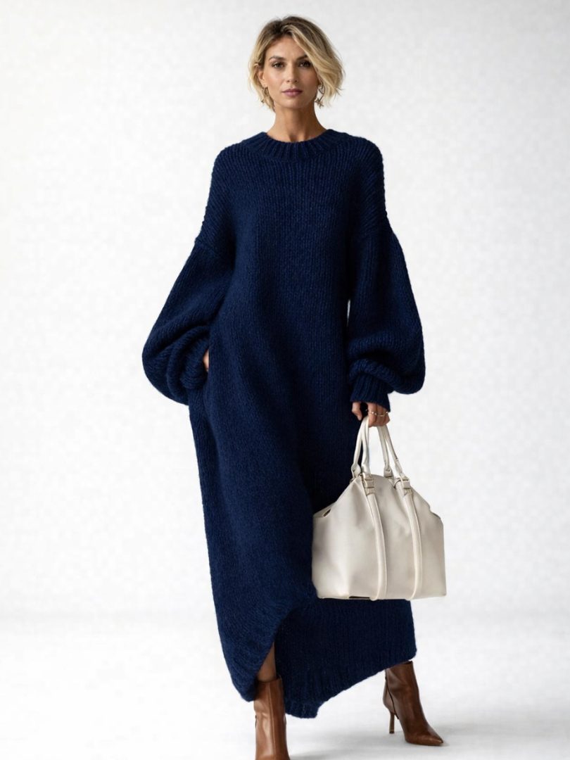 Balloon-Sleeve Knit Casual Maxi Dress in Navy