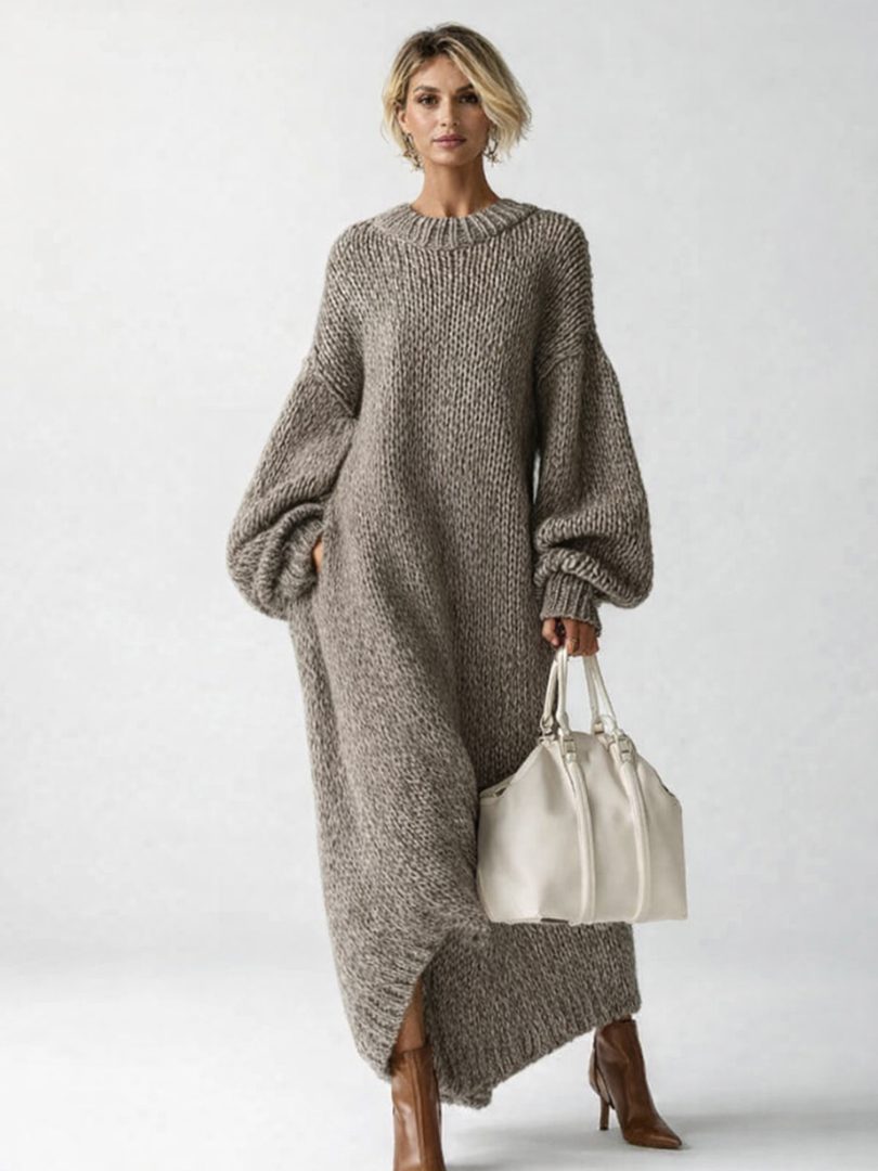 Balloon-Sleeve Knit Casual Maxi Dress in Taupe