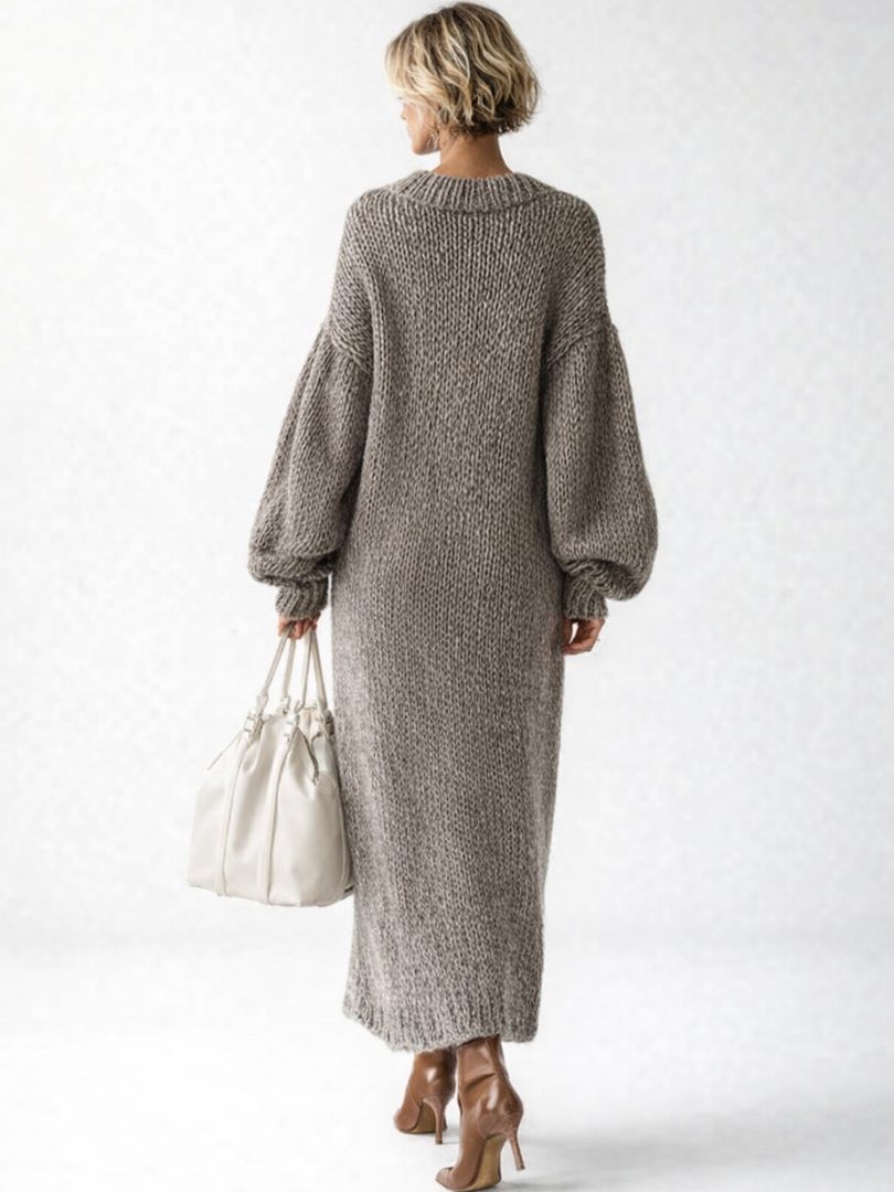 Balloon-Sleeve Knit Casual Maxi Dress in Taupe