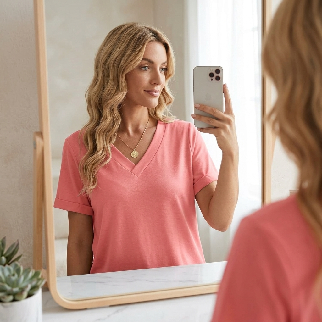 Women's Rolled-Cuff V-Neck Casual T-Shirt in Pink