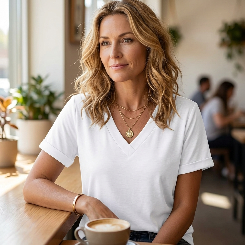 Women's Rolled-Cuff V-Neck Casual T-Shirt in White
