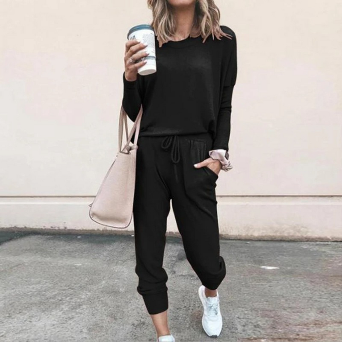 Women's Drawstring Casual Lounge Set in Black